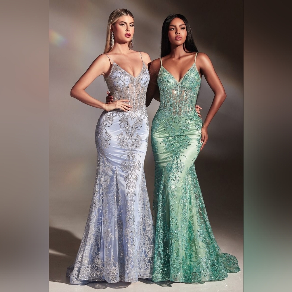 Fitted Floral Glitter Print Corset Gown Sage J810